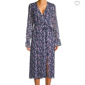 NWT Paige Blue Chamomile Long Sleeve Metallic Silk Georgette Midi Wrap Dress